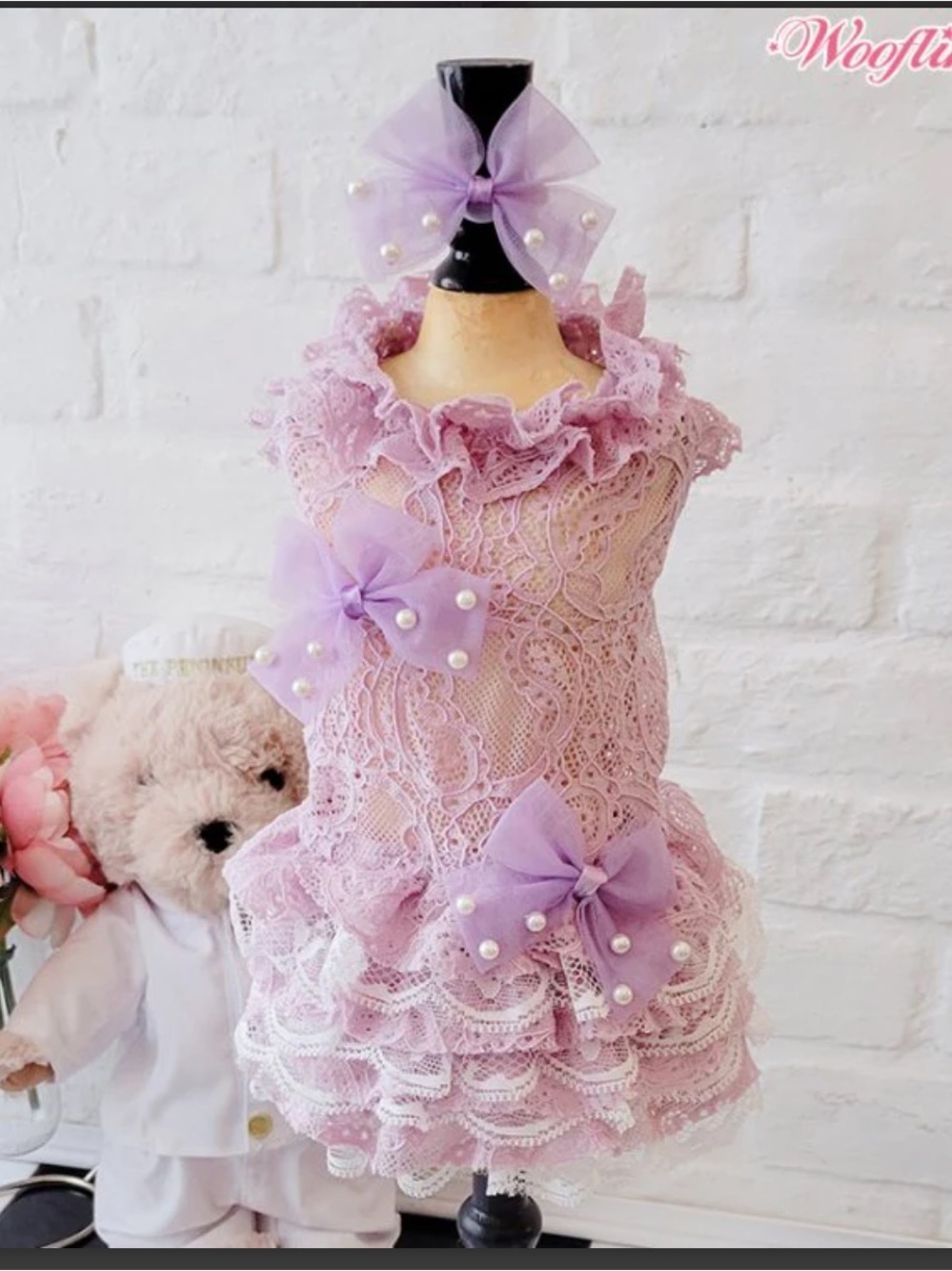 Wooflink Lace Ruffle Pet Dress with Decorative Bows - Light Purple  Dog Dress